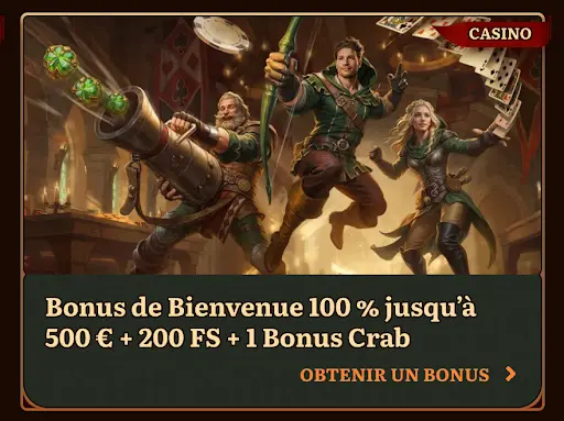 Bannière promotionnelle du casino Wild Robin avec offre de bienvenue 100 % jusqu’à 500 € + 200 tours gratuits et 1 Bonus Crab