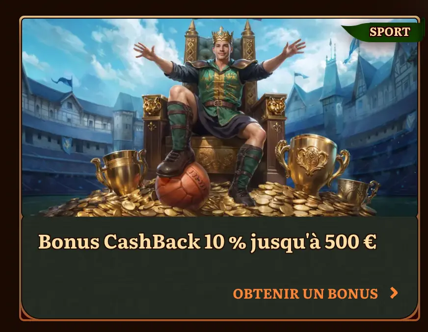 Wild Robin Sport – Bonus CashBack 10 % jusqu’à 500 €, joueur en roi assis sur un trône entouré de trophées et pièces d’or