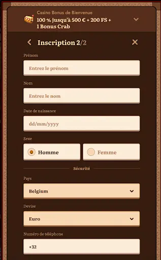 Wild Robin Casino – Formulaire d’inscription étape 2, saisie du prénom, nom, date de naissance, sexe, pays, devise et numéro de téléphone