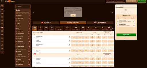 Interface de paris sportifs en ligne avec cotes et événements en direct