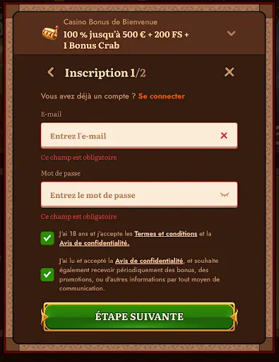 Wild Robin Casino – Formulaire d’inscription étape 1, saisie de l’e-mail et du mot de passe avec bonus de bienvenue jusqu’à 500 € + 200 tours gratuits