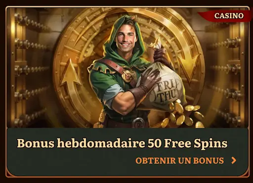 Wild Robin Casino bannière bonus hebdomadaire avec un héros tenant un sac d’or devant une chambre forte – 50 Free Spins offerts