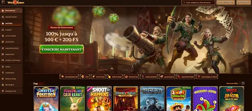 Page d’accueil du casino en ligne WildRobin avec offre de bonus de bienvenue et jeux populaires