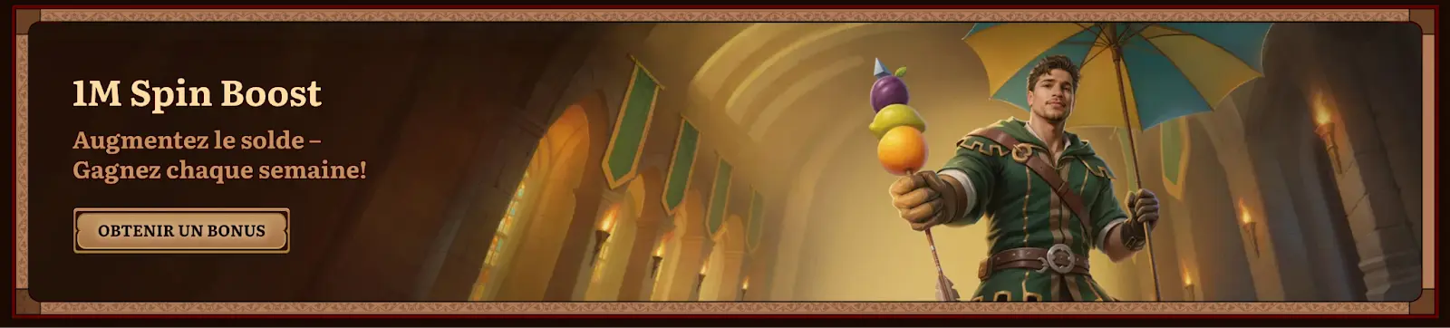 Wild Robin Casino – Promotion 1M Spin Boost avec gains hebdomadaires, joueur tenant un parasol et des fruits