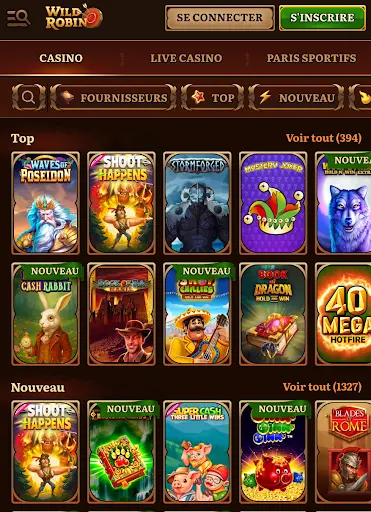 Aperçu du lobby de casino en ligne Wild Robin avec machines à sous populaires et nouveautés