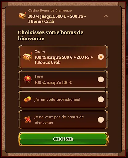 Wild Robin Casino – Choix du bonus de bienvenue, jusqu’à 500 € + 200 tours gratuits + 1 Bonus Crab