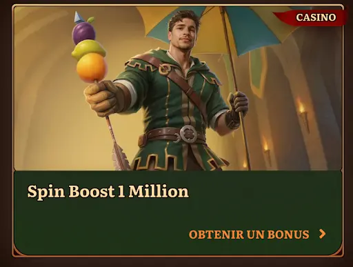 Bannière Wild Robin Casino avec un héros tenant une sucette de fruits et un parapluie, promotion Spin Boost 1 Million